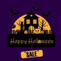 Illustration about Halloween sale. Haunted house near bats, pumpkins and ghosts Royalty Free Stock Photo