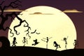Skeleton silhouettes, mummy, witch and bats dancing in a full moon background