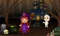 Halloween witch and mummy with scary house in the night