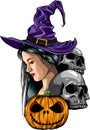 illustration Halloween with witch skull and pumpkin Royalty Free Stock Photo