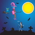 Illustration of a Halloween young witch flying on a broomstick with a cat pumpkin and a skeleton with a scythe going through the