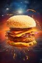 Illustration of a hamburger against a background of space and sky