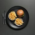 Illustration of a hamburger and french fries on a black plate Royalty Free Stock Photo