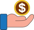 illustration hand and a dollar coin. on white background. Royalty Free Stock Photo