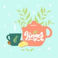 Illustration of hand draw teapot, cup, text Ginger tea, vapor, leaves, piece of root, hearts blue background. Vector Royalty Free Stock Photo