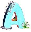 Hand drawing, alphabet letter A, children`s cartoon, spring month April, bird, melted snow and sakura, pastel blue