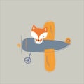 Fox on the plane. Vector cute cartoon fox. Baby Fox vector illustration.