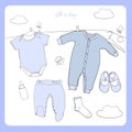 Illustration of Hand drawn Baby clothes Flat lay coordination on white background. Children collage. Top view. Postcard