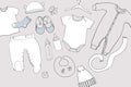 Illustration of Hand drawn Baby clothes Flat lay coordination on white background. Children collage. Top view. Template