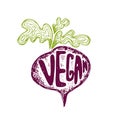 Illustration of hand drawn beetroot text vegan. Vector