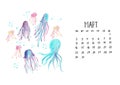 Illustration of a hand drawn calendar of march 2020 with colored doodles.