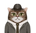 Illustration of hand drawn cat portrait. cat businessman in a jacket, shirt and tie, and with a hat on his head