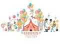 Illustration of hand drawn circus actors, animals and elements of circus or amusement park