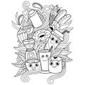 Hand drawn of Cute coffe collection in doodle style