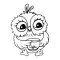 Illustration, hand drawn cute contour owl with a cup of coffee. Sketch, cartoon design for coloring book