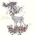 Illustration with hand drawn deer, flowers in it horns