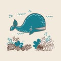 Illustration in hand drawn doodle style with little jellyfish and whale