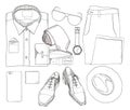 Illustration of Hand drawn and doodle of top view, flat lay coordination folded shirt, tie, trousers, shoes, spectacles Royalty Free Stock Photo