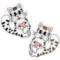 illustration, hand-drawn funny cute striped cats with hearts, textile