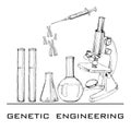 Illustration of hand drawn genetic engineering. Set elements for DNA laboratories. Sketch microscope, test tubes