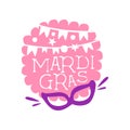 Illustration of hand drawn lettering, garland of flags and mask on pink background for Mardi Gras holiday logo template Royalty Free Stock Photo