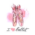 Illustration, hand drawn pair of well-worn ballet pointes shoes