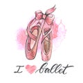 Illustration, hand drawn pair of well-worn ballet pointes shoes