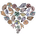 Illustration, hand drawn seashells in pastel colors in the shape of a heart. Nautical print, decor element