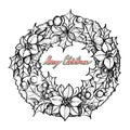 Hand Drawn of Christmas Wreath of Red Poinsettia Flowers Royalty Free Stock Photo