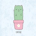 Illustration of hand drawn sketch cute kawaii cat cactus in a flowerpot with flower in anime style with lettering catctus