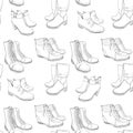 Illustration of Hand drawn sketch seamless pattern of Shoes . Sneakers, boots, high shoe, snow boots. for casual female Royalty Free Stock Photo