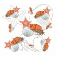 Illustration and hand drawn of starfish,clam shell and hermit crab pattern background