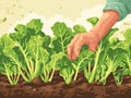 illustration of hand of farmer planting chard in the garden. Generative AI