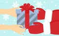 Illustration of a hand with a gift. Santa gives a gift to girl.