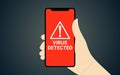 Illustration of a hand holding a cell phone with a virus detected warning