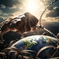 Illustration of hand holding chain and globe under it with shining light