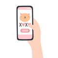 Illustration with hand holding a phone and cat love message