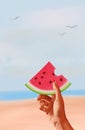 Illustration of a hand holding a slice of juicy red watermelon on a sandy sea shore. Royalty Free Stock Photo