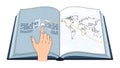 An illustration of a hand interacting with a digital book featuring a world map and braille Royalty Free Stock Photo