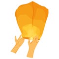 illustration of a hand launching an aerial Chinese lantern into the sky on a white background. Chinese New Year. wishing tradition Royalty Free Stock Photo