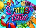 Illustration with hand lettering summer time with colorful beach elements background for summer season Royalty Free Stock Photo