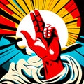 Illustration of a hand making a rock and roll gesture with a sunburst in the background AI Generated Royalty Free Stock Photo