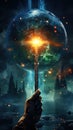 Illustration of hand of a man holding up a magic torch in a fantasy land Royalty Free Stock Photo