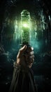 Illustration of hand of a man holding up a magic torch in a fantasy land Royalty Free Stock Photo