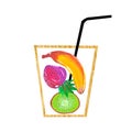 Illustration of hand painted acrylic gouache Glass of fruit cocktail strawberry banana kiwi