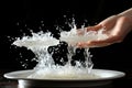 Illustration of hand scrubbing dishes in soapy water with levitating water, kitchen-chores concept