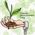 illustration_2_ hand in shackles holding in the palm of the sprouting germ of the plant, symbolizes world environment day