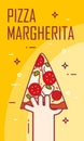 Illustration with hand and slice of pizza margherita. Vector banner for fast food. Thin line flat design card