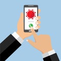 Illustration of hand with smartphone with virus on screen. Online awareness