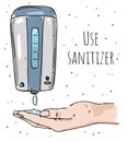 Illustration of a hand uses a sanitizer. Call for the use of a disinfecting gel